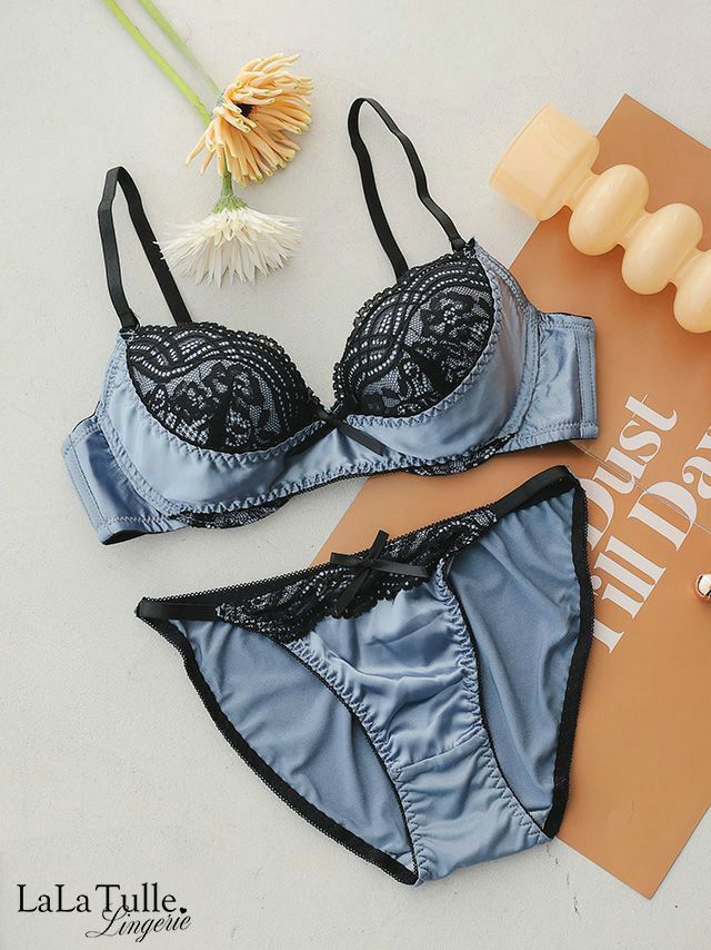 勝負下着 ブラックレース サテン リボン バイカラー レース カップ ブラジャー＆ショーツ 2点セット