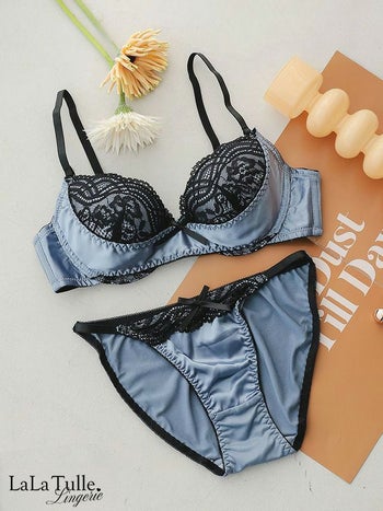 勝負下着 ブラックレース サテン リボン バイカラー レース カップ ブラジャー＆ショーツ 2点セット