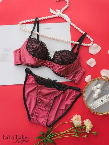 勝負下着 リボン サテン ブラックレース バイカラー レース カップ ブラジャー＆ショーツ 2点セット