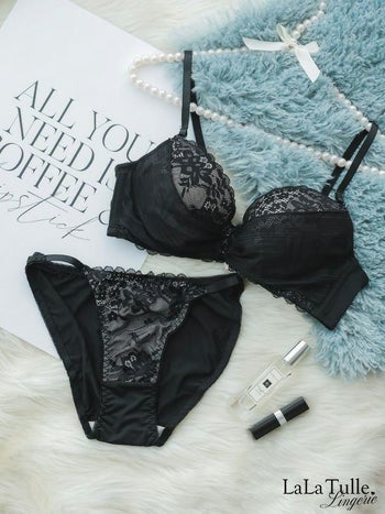 勝負下着 シンプル ブラック レース チュール カップ ブラジャー＆ショーツ 2点セット