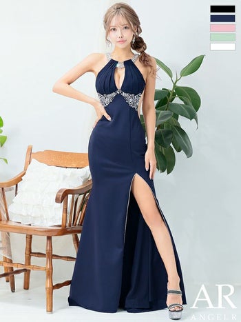 キャバドレス Angel R エンジェルアール ビジュー くびれ透け バストカット スリット セクシー ホルターネック タイトロングドレス