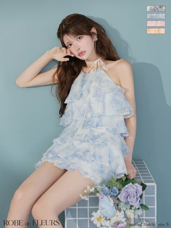 キャバドレス ROBEdeFLEURS ローブドフルール 花柄プリント シフォン ホルターネック ティアード フレアミニドレス