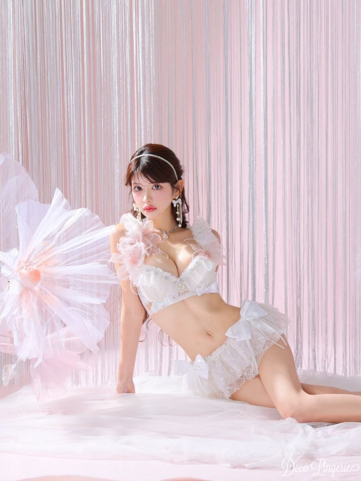 勝負下着 Deco Lingerie デコランジェリー ランジェリー フェザーフワラー フリル リボン スパンコール レース ラブリー 4点セット