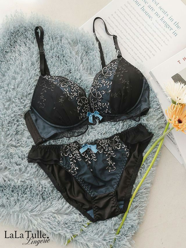 勝負下着 ブラック ベール シアー 刺繍 リボン カップ ブラジャー＆ショーツ 2点セット