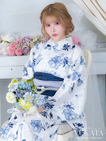 ワンピース浴衣 2way 白地 ニュアンス ブルーフラワー ガーリー 3点SE