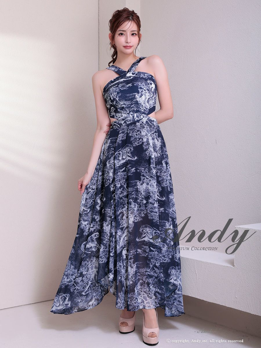 キャバドレス Andy ウエストカット ニュアンス シースルー ホルターネック Aラインロングドレス