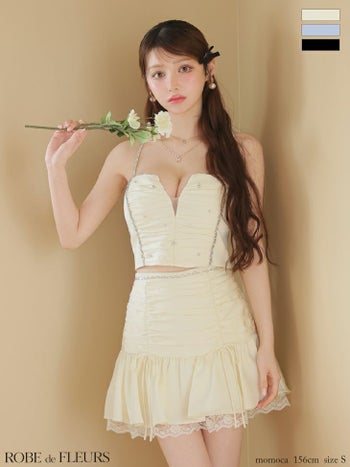 キャバドレス ROBEdeFLEURS ローブドフルール キャミソール セットアップ サテン ビジュー レース フリル フレアミニドレス