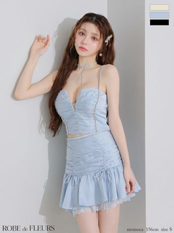 キャバドレス ROBEdeFLEURS ローブドフルール セットアップ キャミソール ビジュー レース サテン フリル フレアミニドレス