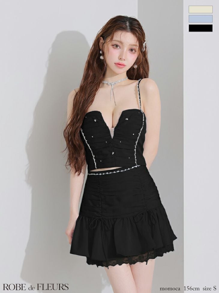 キャバドレス ROBEdeFLEURS ローブドフルール サテン ビジュー レース キャミソール セットアップ フリル フレアミニドレス 