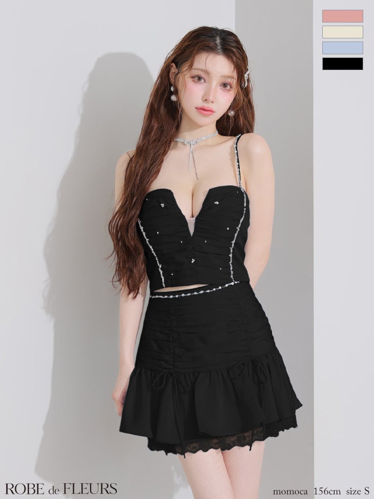 キャバドレス ROBEdeFLEURS ローブドフルール サテン ビジュー レース キャミソール セットアップ フリル フレアミニドレス 