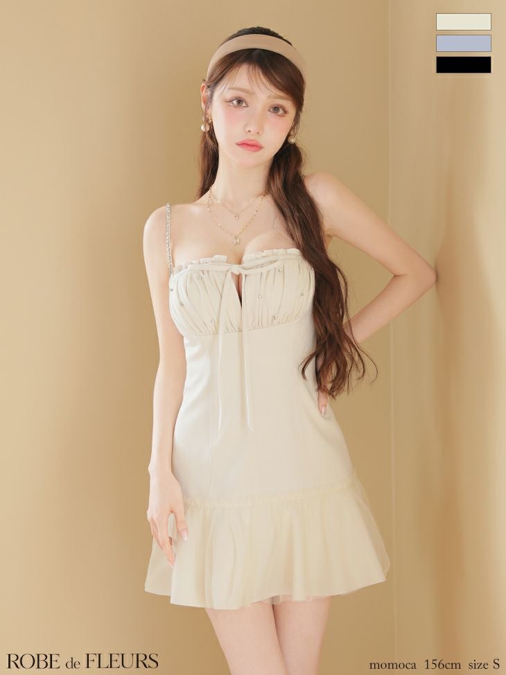キャバドレス ROBEdeFLEURS ローブドフルール キャミソール 胸元ギャザー バストカット リボン ビジュー フレアミニドレス