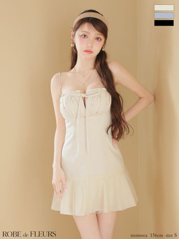 キャバドレス ROBEdeFLEURS ローブドフルール キャミソール 胸元ギャザー バストカット リボン ビジュー フレアミニドレス