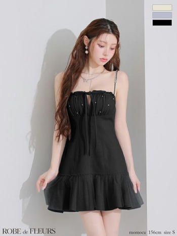 キャバドレス ROBEdeFLEURS ローブドフルール バストカット リボン ビジュー キャミソール 胸元ギャザー フレアミニドレス