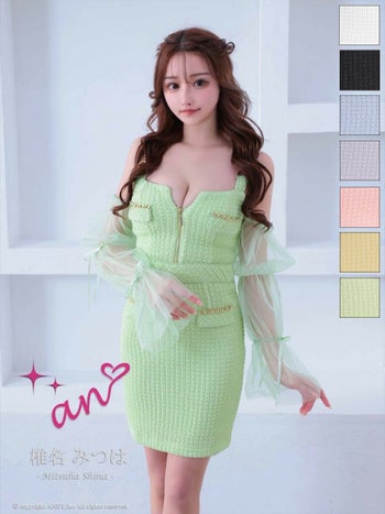 キャバドレス an  長袖 シアー バックカット ジップデザイン リボン フェイクポケット 肩あき タイトミニドレス