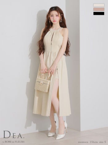 キャバドレス DEA. ROBE de FLEURS. ディア ローブドフルール ホルターネック ジップデザイン スリット バックリボン フレアロングドレス 