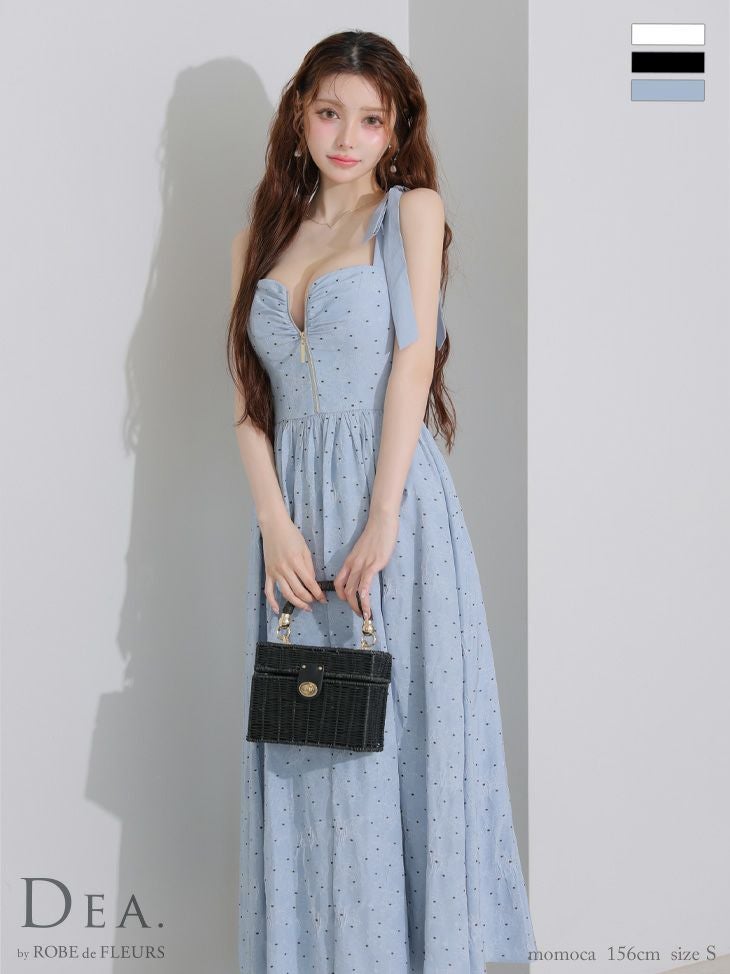 キャバドレス DEA. ROBE de FLEURS　ディア ローブドフルール ノースリーブ ジップデザイン ドット柄 ショルダーリボン ガーリー フレアロングドレス 