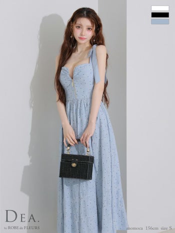 キャバドレス DEA. ROBE de FLEURS　ディア ローブドフルール ノースリーブ ジップデザイン ドット柄 ショルダーリボン ガーリー フレアロングドレス 