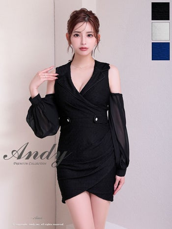 キャバドレス Andy アンディ 長袖 肩あき ノースリーブ ビジューボタン ワンカラー 襟つき シアースリーブ Vカット タイトミニドレス