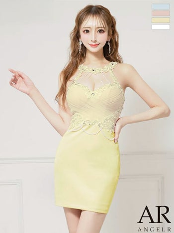 キャバドレス Angel R エンジェルアール メッシュ パール フラワーレース ホルターネック ビジュー タイトミニドレス