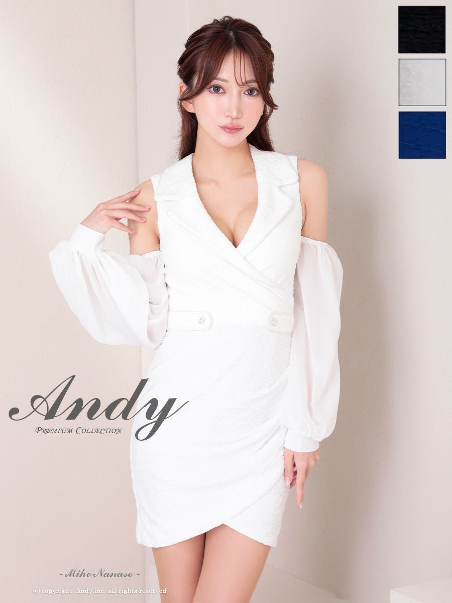キャバドレス Andy アンディ 肩あき 長袖 ノースリーブ ビジューボタン ワンカラー 襟つき シアースリーブ Vカット タイトミニドレス