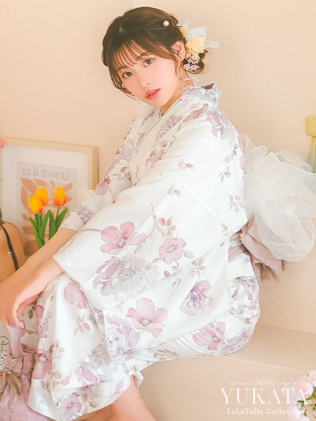 ワンピース浴衣 白地 ニュアンス ピンクフラワー ガーリー ゆかた3点SET