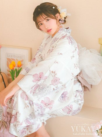 ワンピース浴衣 白地 ニュアンス ピンクフラワー ガーリー ゆかた3点SET