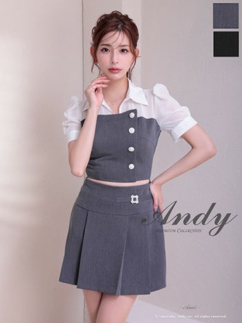 キャバドレス Andy アンディ 半袖 襟付き セットアップ ビジューボタン バイカラー フレアミニドレス
