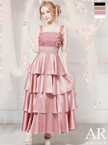 キャバドレス Angel R エンジェルアール ノースリーブ リボン フリル ティアード シャーリング フレアロングドレス