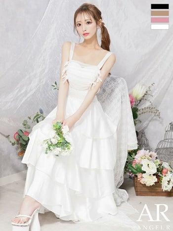 キャバドレス Angel R エンジェルアール リボン フリル ノースリーブ ティアード シャーリング フレアロングドレス