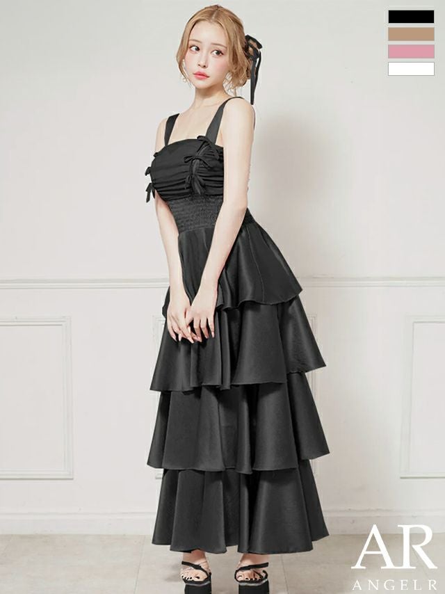 キャバドレス Angel R エンジェルアール シャーリング フリル ノースリーブ リボン ティアード フレアロングドレス