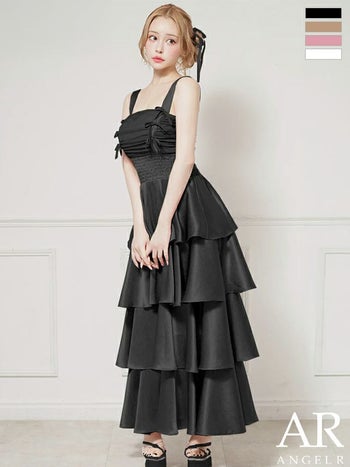 キャバドレス Angel R エンジェルアール シャーリング フリル ノースリーブ リボン ティアード フレアロングドレス