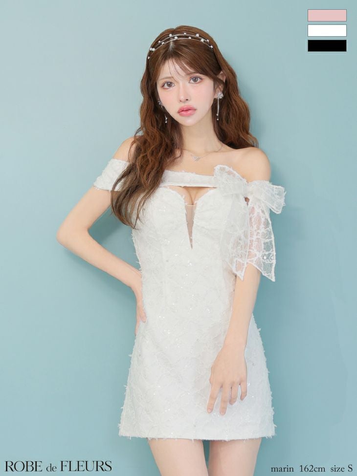 キャバドレス ROBEdeFLEURS ローブドフルール オフショルダー リボン レース バストカット ガーリー フレアミニドレス
