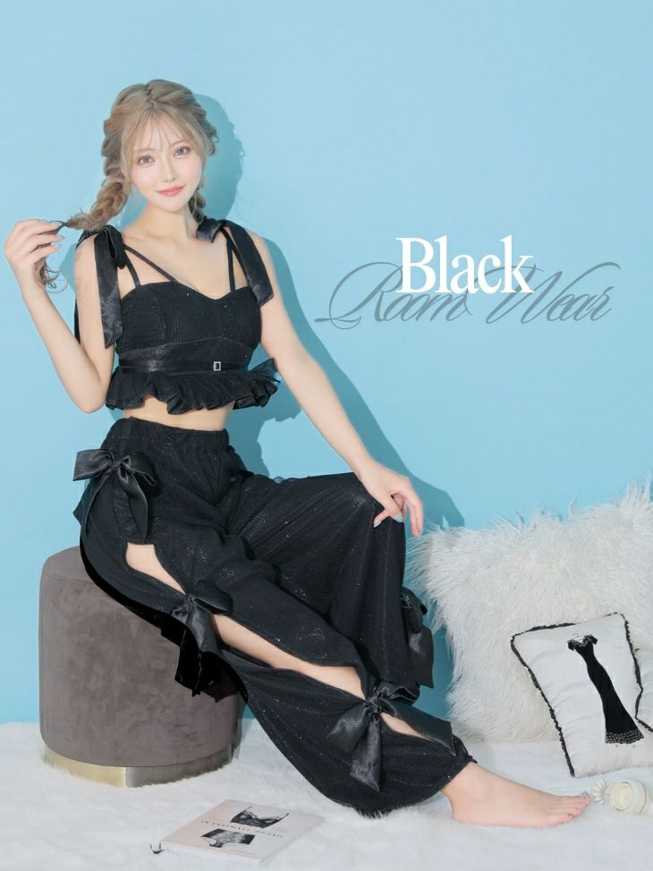 ルームウェア　Deco Lingerie デコランジェリー セットアップ キャミソール ラメ シフォン ラブリー リボン ロングパンツ ルームウェア　2点セット