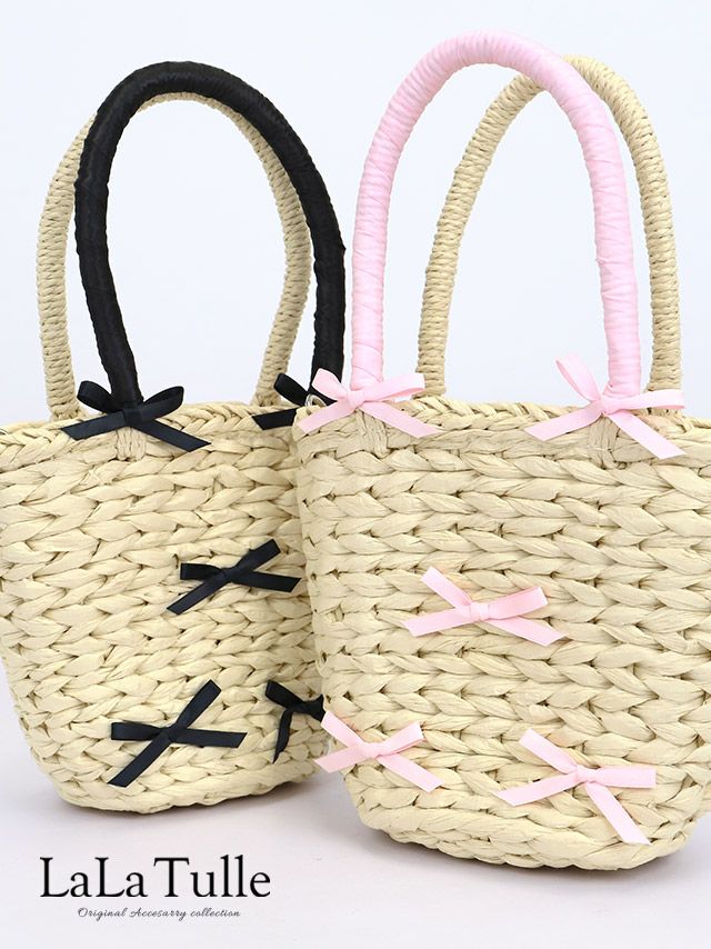 浴衣 小物 リボン ガーリー ショルダー付き 2Way ミニかごバッグ