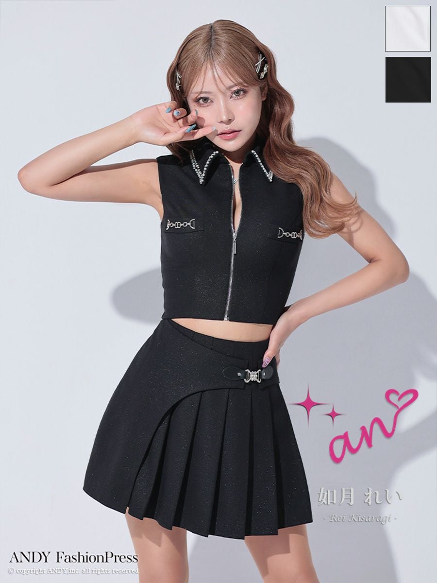 キャバドレス an アン セットアップ ビジュー ノースリーブ プリーツ バストジップ タイトミニドレス