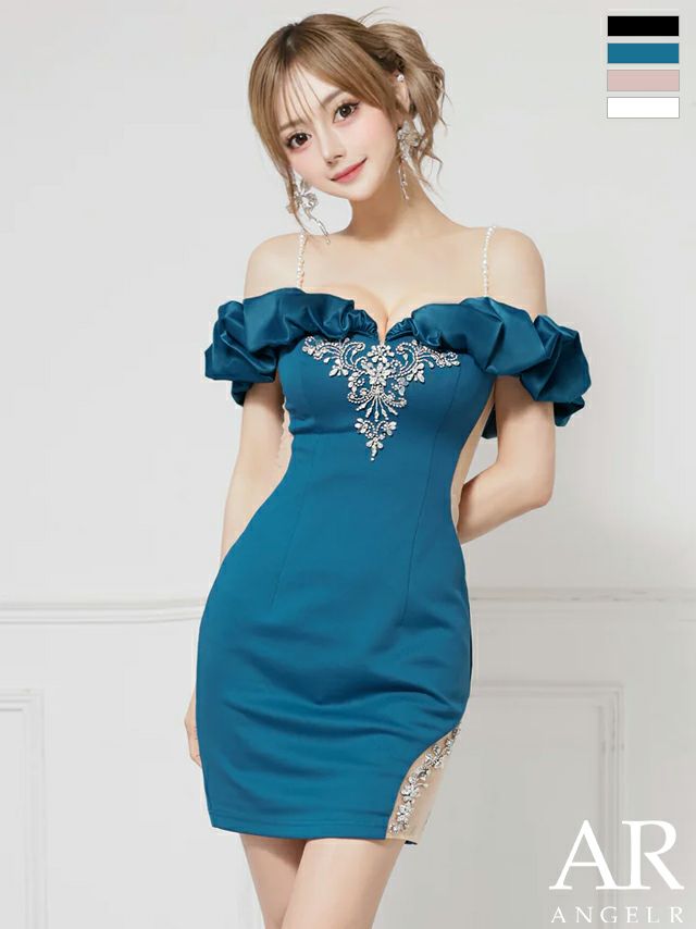 キャバドレス Angel R エンジェルアール 肩あき くびれ透け メッシュ サテン ビジュー フェミニン オフショルダー タイトミニドレス