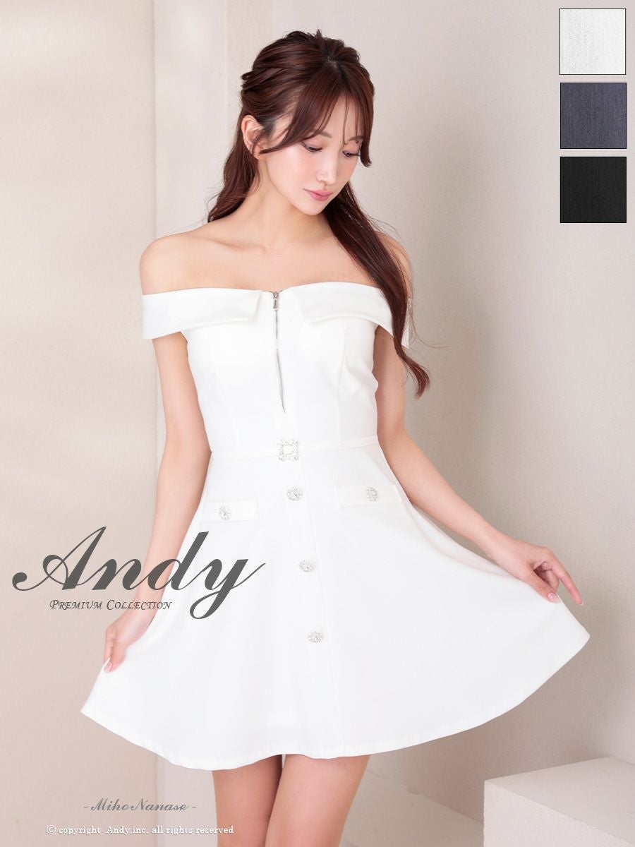 キャバドレス Andy アンディ ジップデザイン オフショル ベルトデザイン 飾りボタン スクエアネック ビジューボタン フレアミニドレス