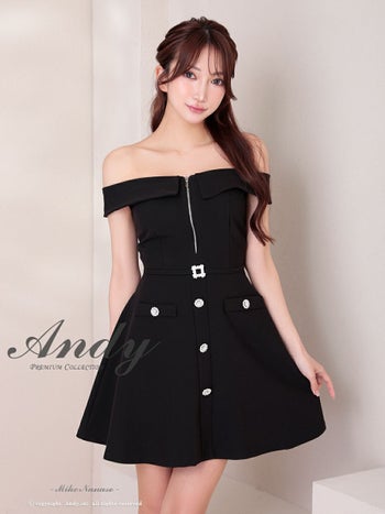キャバドレス Andy アンディ ベルトデザイン ジップデザイン オフショル 飾りボタン スクエアネック ビジューボタン フレアミニドレス