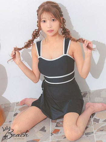 水着 モノトーン サイドリボン パイビング シンプル 体型カバー パレオスカート付き モノキニ ビキニ