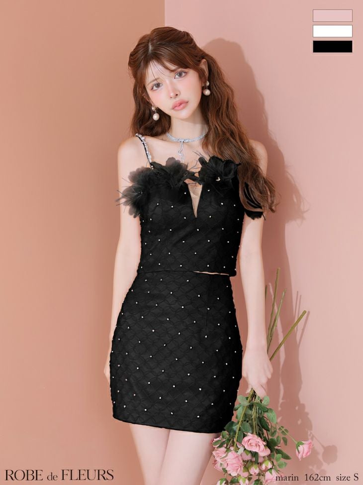 キャバドレス ROBEdeFLEURS ローブドフルール セットアップ フラワーモチーフ ビジュー レース ガーリー タイトミニドレス