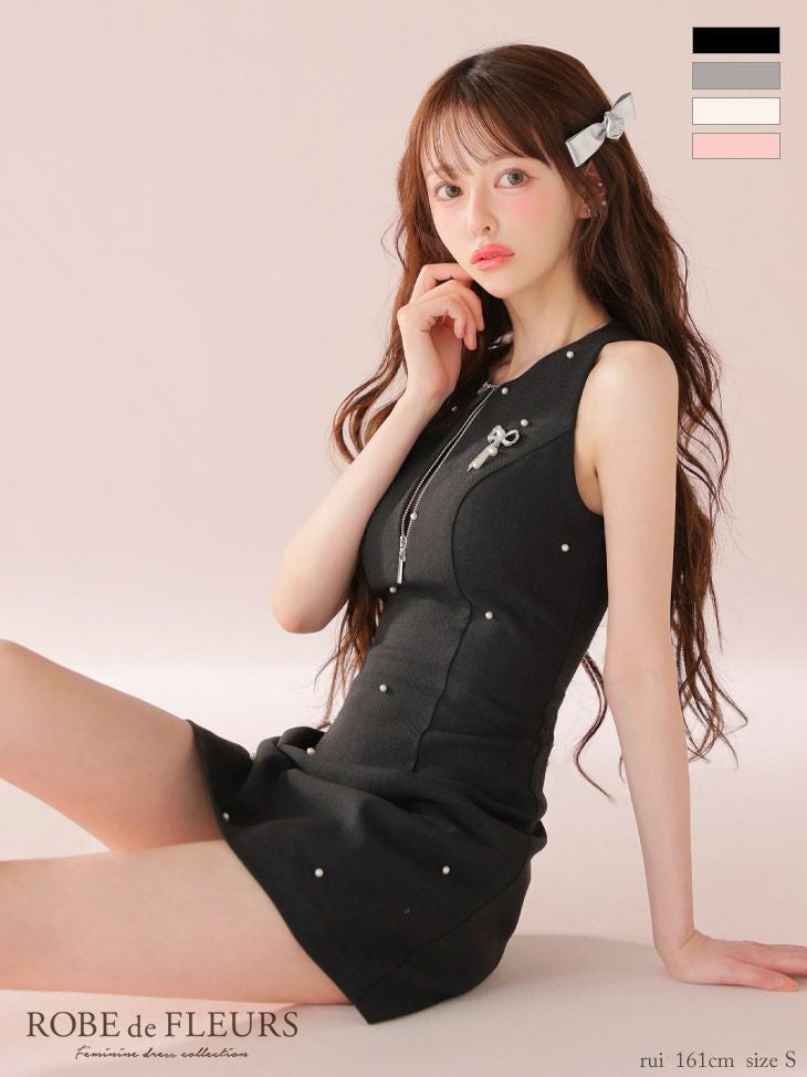 キャバドレス ROBEdeFLEURS ローブドフルール ノースリーブ　ジップデザイン リボン パール ビジュー フレアミニドレス