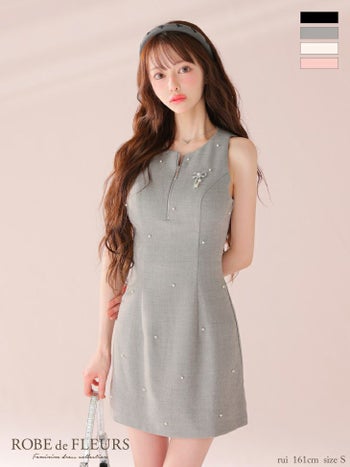 キャバドレス ROBEdeFLEURS ローブドフルール ジップデザイン ビジュー リボン ノースリーブ　パール フレアミニドレス