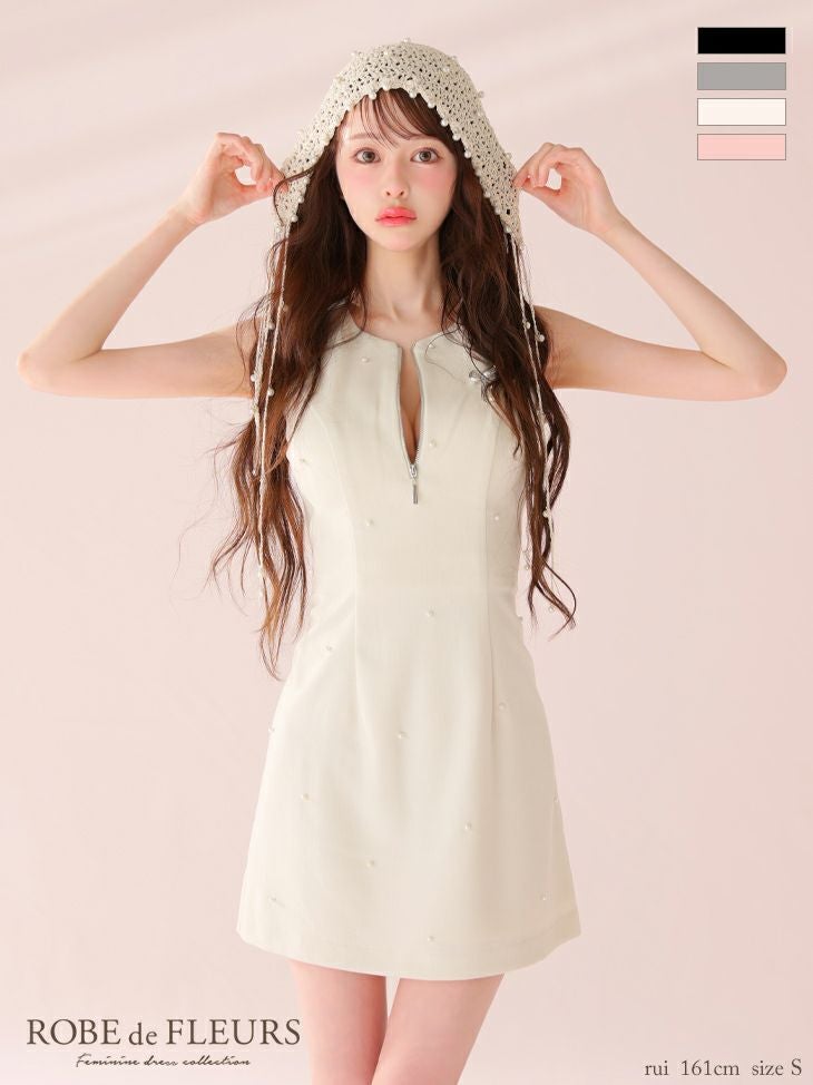 キャバドレス ROBEdeFLEURS ローブドフルール ビジュー リボン ジップデザイン パール ノースリーブ フレアミニドレス