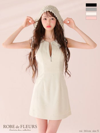キャバドレス ROBEdeFLEURS ローブドフルール ビジュー リボン ジップデザイン パール ノースリーブ フレアミニドレス