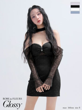 キャバドレス Glossy ROBE de FLEURS グロッシー ローブドフルール ホルターネック レース ベア ジップデザイン チョーカー風 長袖 タイトミニドレス 