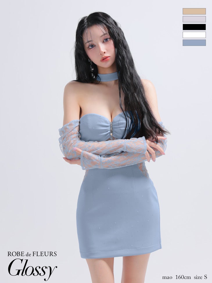 キャバドレス Glossy  ROBE de FLEURS グロッシー ローブドフルール チョーカー風 ジップデザイン 長袖 ホルターネック レース ベア タイトミニドレス 