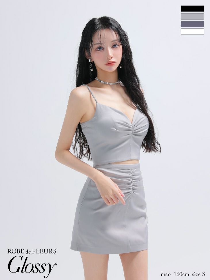 キャバドレス Glossy ROBE de FLEURS グロッシー ローブドフルール セットアップ ギャザー キャミソール シンプル サテン ワンカラー タイトミニドレス