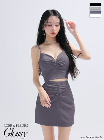 キャバドレス Glossy ROBE de FLEURS グロッシー ローブドフルール ギャザー サテン キャミソール セットアップ シンプル ワンカラー タイトミニドレス 