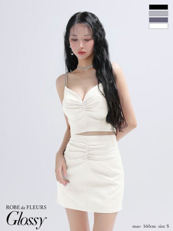 キャバドレス Glossy ROBE de FLEURS グロッシー ローブドフルール サテン シンプル セットアップ キャミソール ギャザー ワンカラー タイトミニドレス  