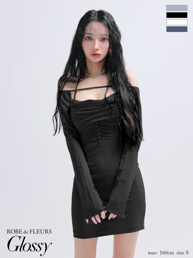キャバドレス Glossy by ROBE de FLEURS グロッシー 2way ホルターネック オープンバスト スエード 長袖 ボレロ ギャザー セクシー タイトミニドレス
